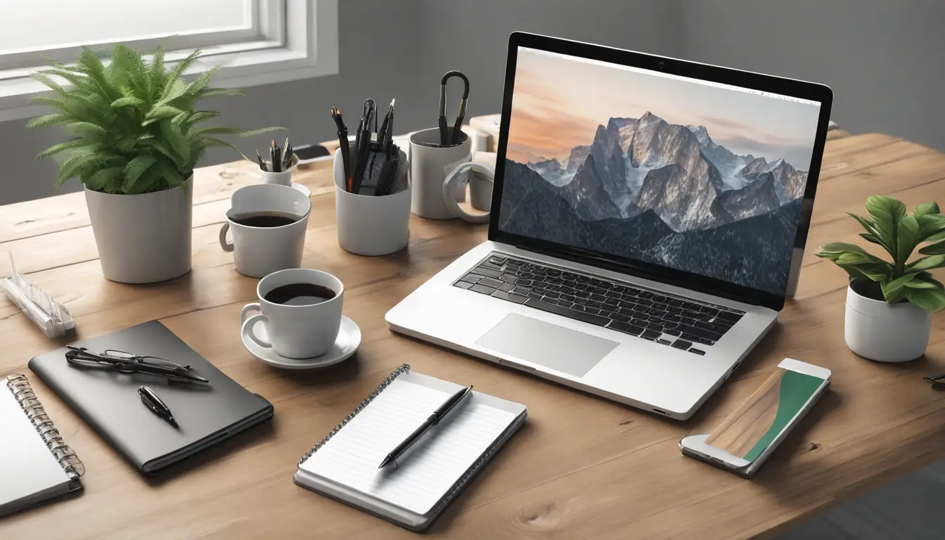 Mesa de escritório moderna com laptop, smartphone, caderno, caneca de café e planta em fundo cinza claro.