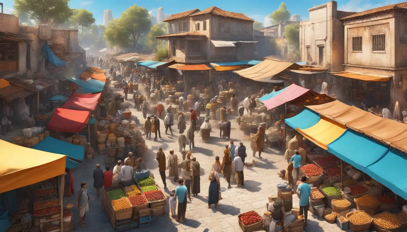 Cena movimentada de mercado com pessoas diversas interagindo e negociando, cercadas por barracas coloridas com mercadorias.