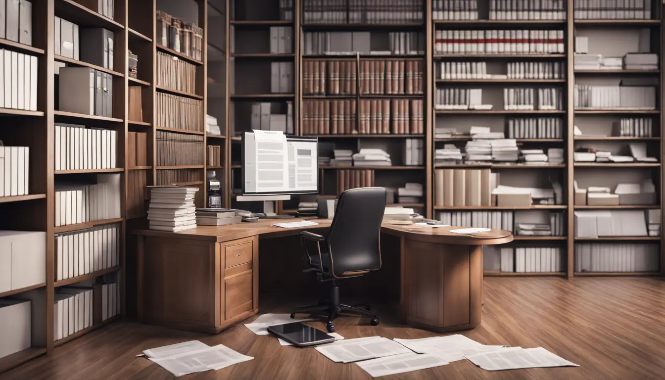 Escritório com mesa cheia de documentos jurídicos e computador exibindo software jurídico automatizado.