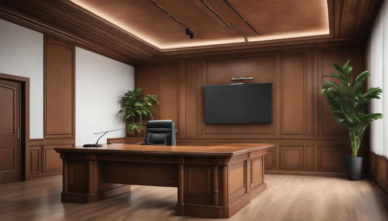 Sala de tribunal moderna com advogados e juízes analisando dados preditivos em um grande monitor.