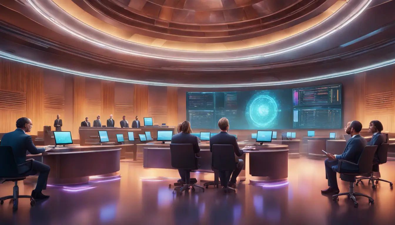 Tribunal moderno com telas digitais e hologramas de IA, advogados e juízes interagindo em um ambiente futurista.