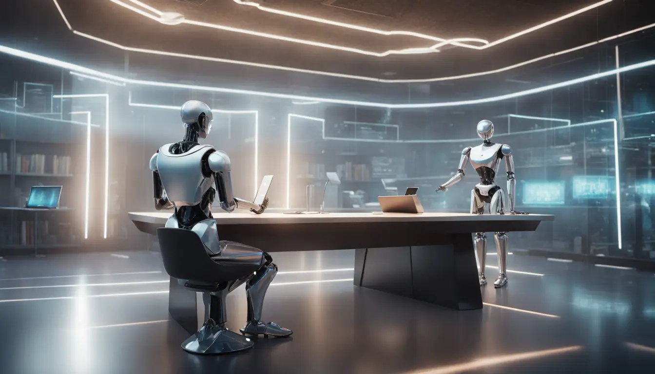 Tribunal futurista com hologramas e juiz robô, advogados com tablets em interior moderno e tecnológico.
