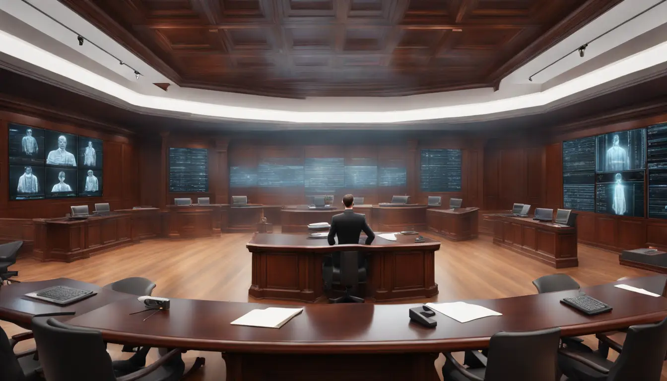 Tribunal moderno com tecnologia avançada, assistentes robóticos e hologramas de textos legais flutuantes.