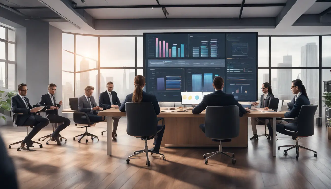 Advogados analisando tela digital com análises jurídicas baseadas em IA em um escritório moderno.