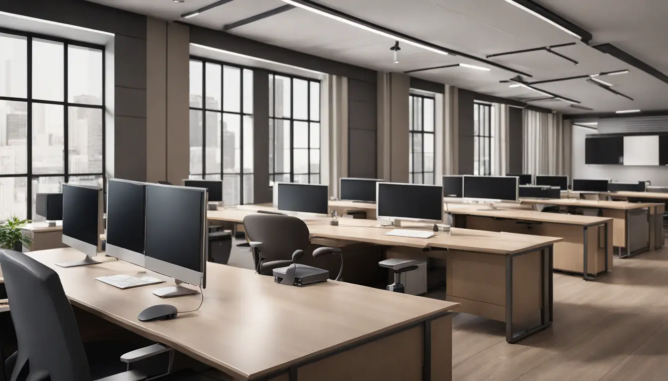 Escritório de advocacia moderno com advogados usando computadores e documentos organizados em mesas.