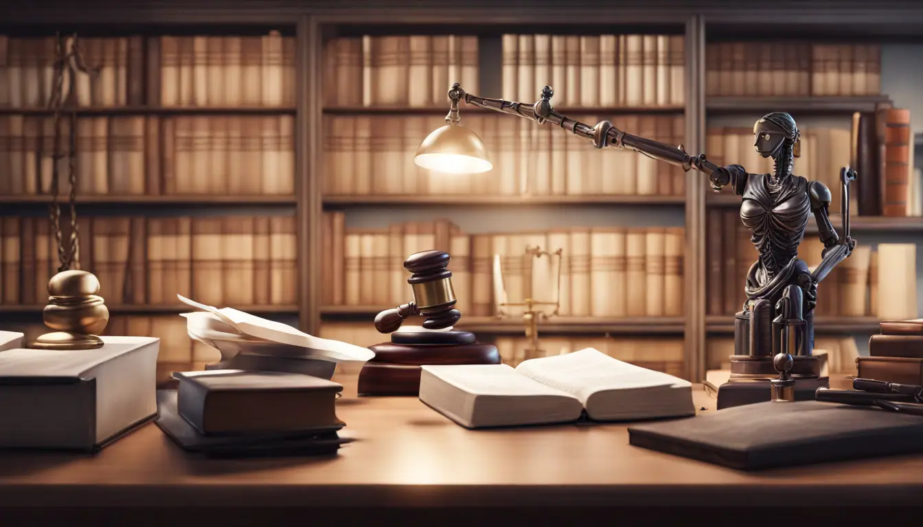 Escritório com mesa de madeira, computador mostrando documentos legais, braço robótico, martelo e balança de justiça.