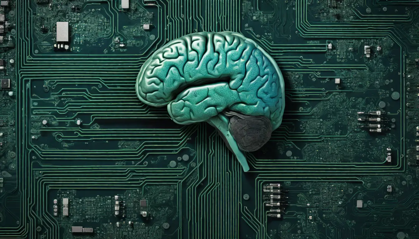 Circuito eletrônico se funde com cérebro humano, mostrando fios e microchips interligados em azul e verde.