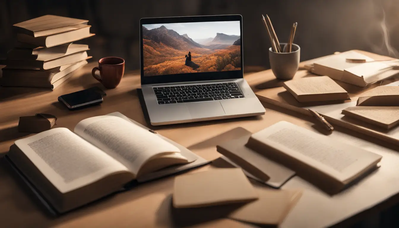 Advogado em escritório com laptop, balança da justiça na mesa e documentos, cercado por estantes de livros legais.