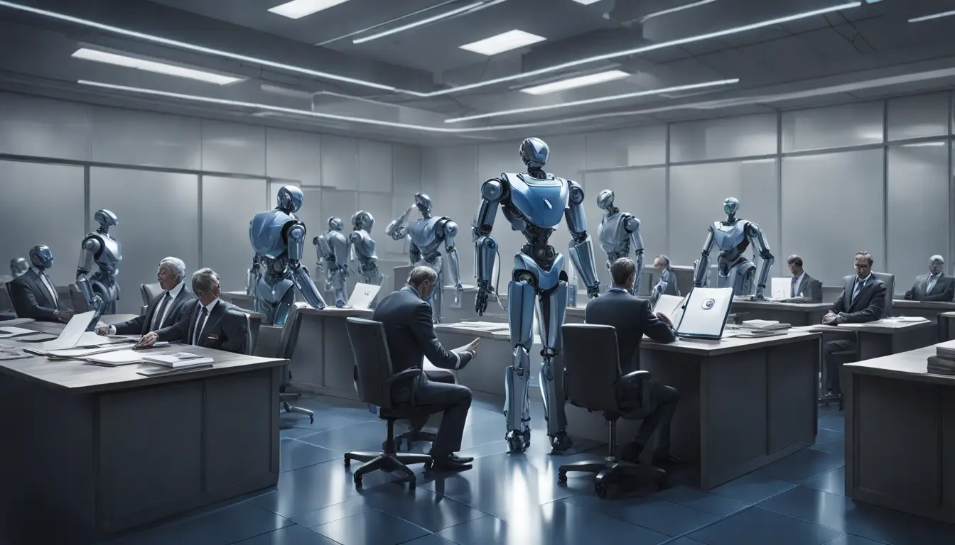Robôs em um tribunal com documentos e computadores, e uma balança da justiça digital iluminada no centro.