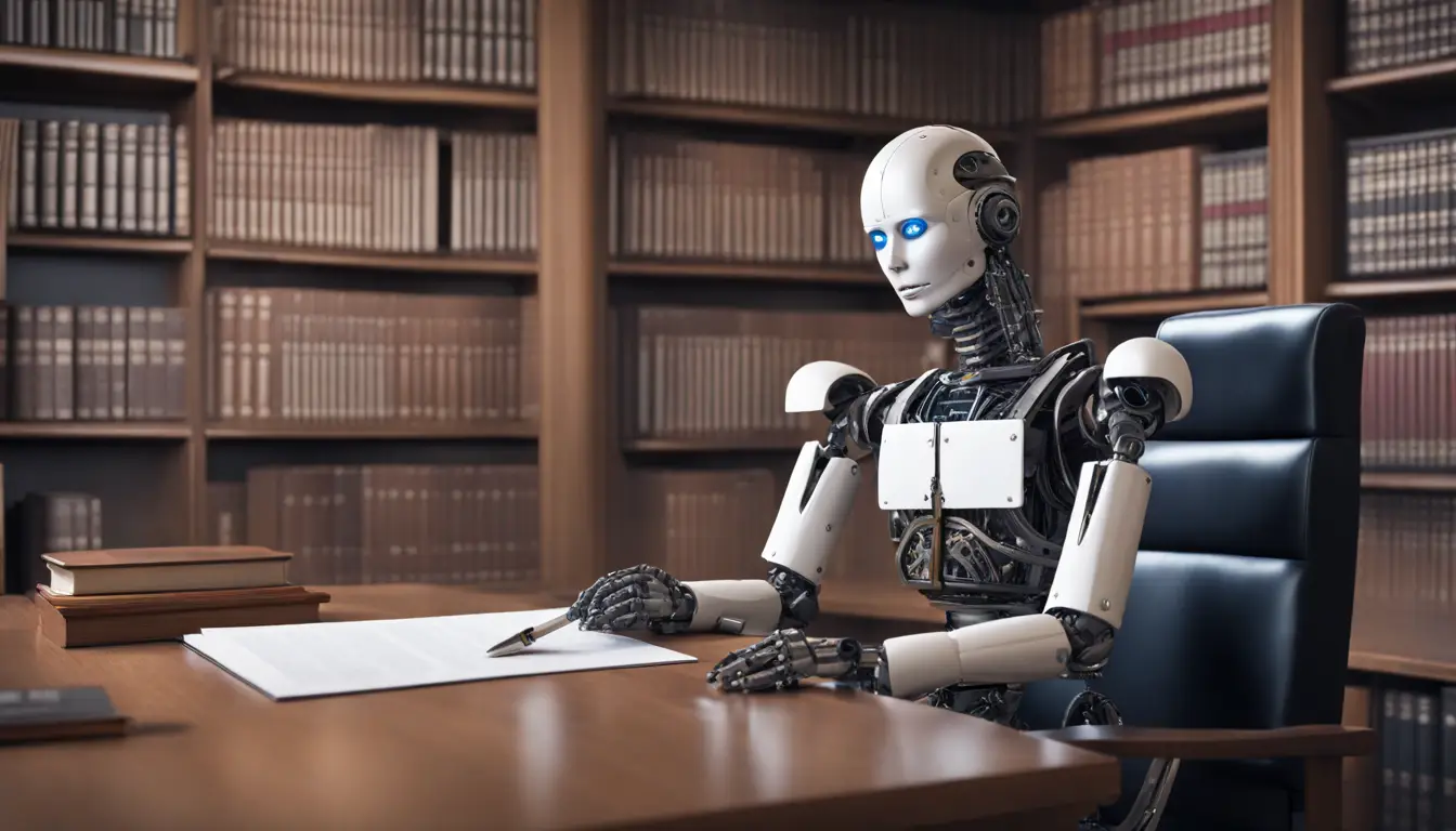 Robô humanoide em escritório jurídico moderno com mesa de madeira, documentos legais e estantes de livros de direito.