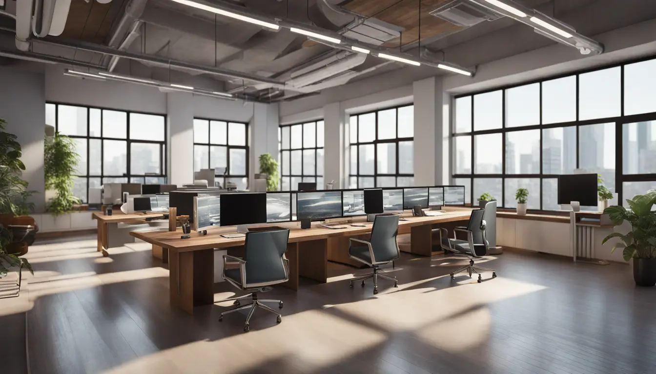 Escritório com mesa de madeira central, computadores com software de IA e cadeiras ergonômicas ao redor.