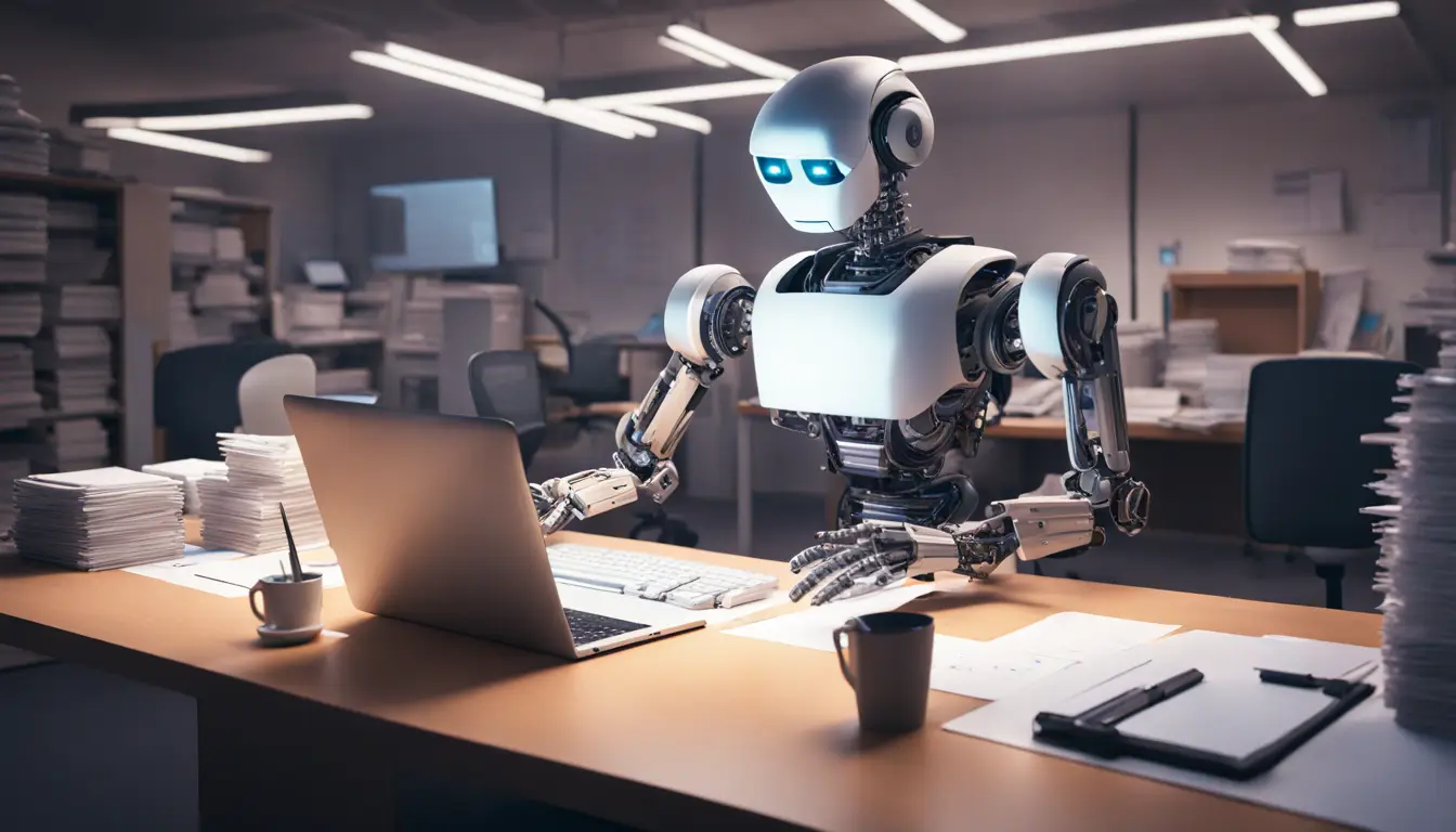 Robô em um escritório digitando em um teclado com pilhas de papéis e uma tela de computador.