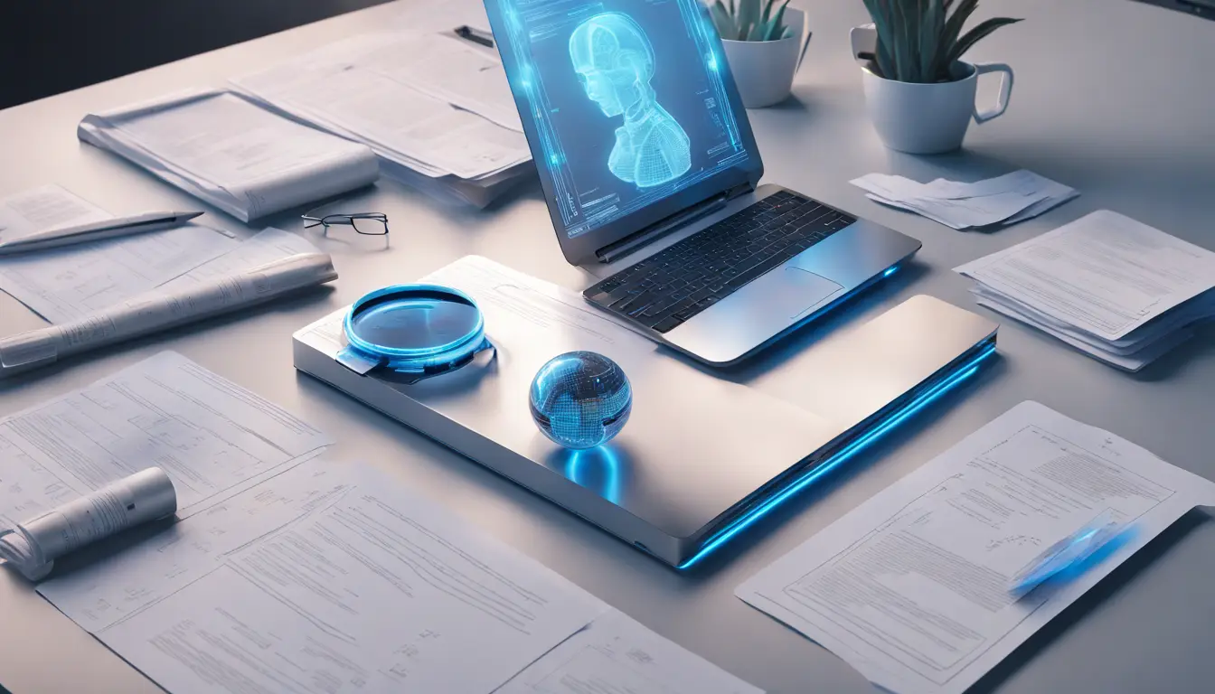 Dispositivo de IA futurista com documentos jurídicos holográficos em escritório moderno.