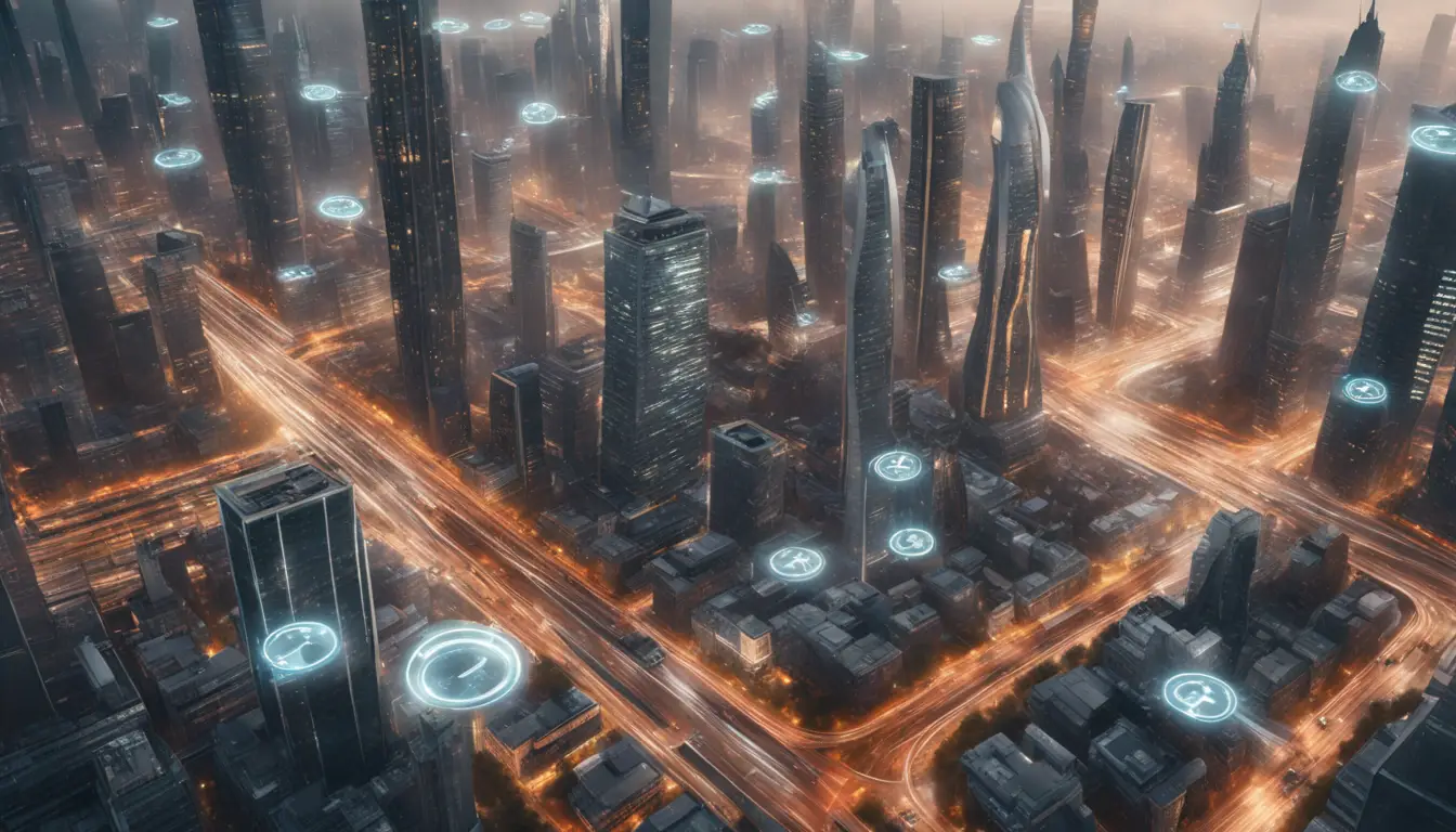 Cidade futurística com arranha-céus e drones voadores, cercada por sinais de aviso digitais de complexidade e cautela.