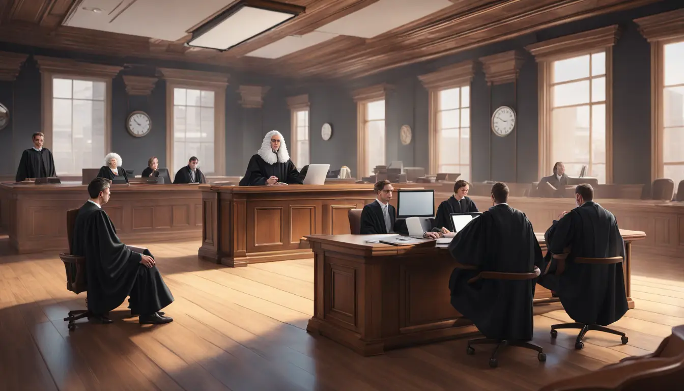 Tribunal moderno com juiz, telas de computador exibindo documentos legais e assistente robótico com tablet.