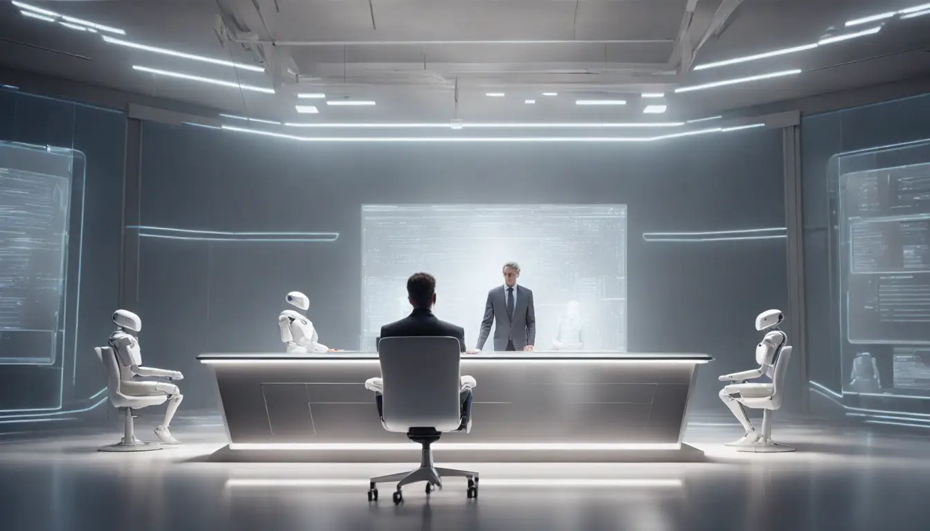 Tribunal futurista com juízes robóticos e advogado humano apresentando caso em tela transparente.