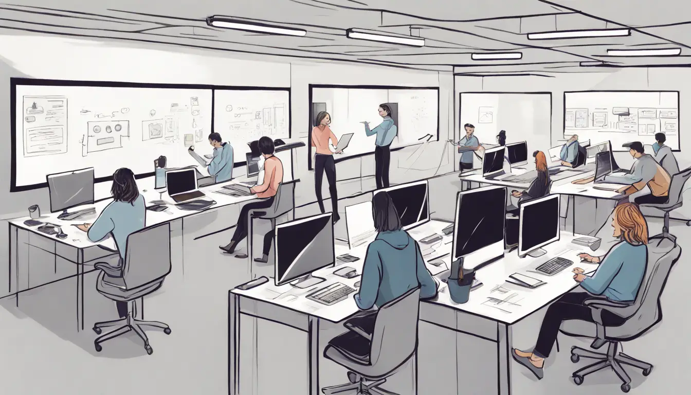 Espaço de escritório com dois grupos separados trabalhando em projetos distintos, simbolizando ambidestria organizacional.