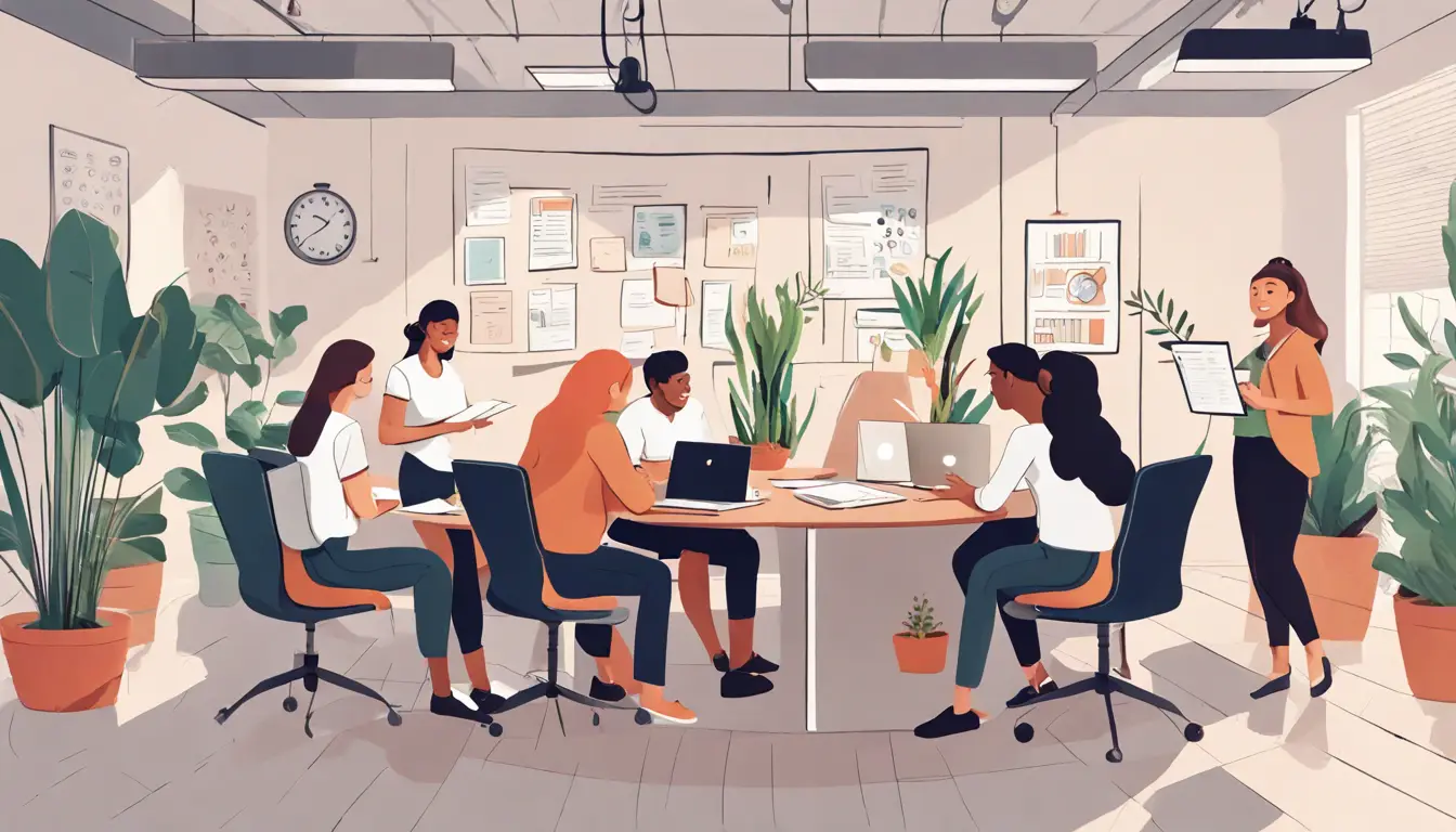 Colaboradores em escritório moderno trabalham com laptops e cadernos em uma mesa circular, com plantas ao redor.