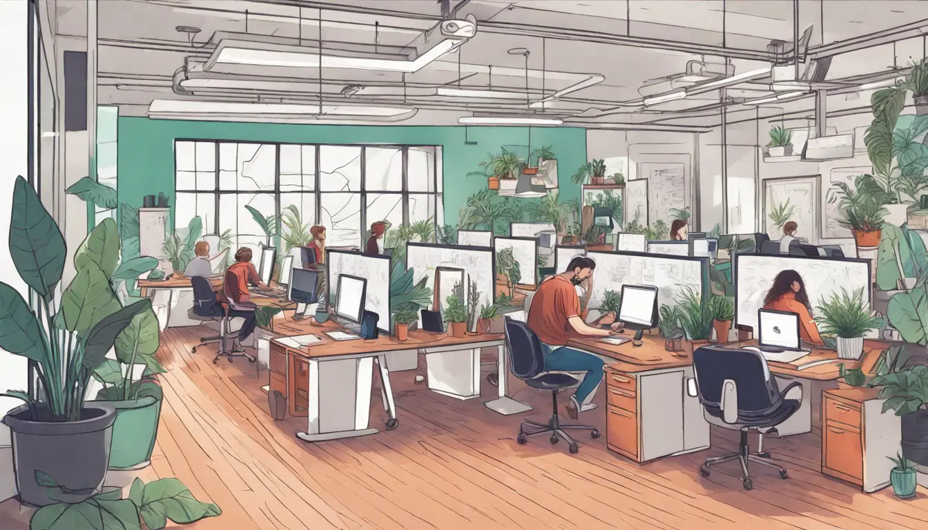 Ambiente de escritório movimentado com funcionários diversos colaborando em mesas com laptops, plantas e obras de arte vibrantes nas paredes.