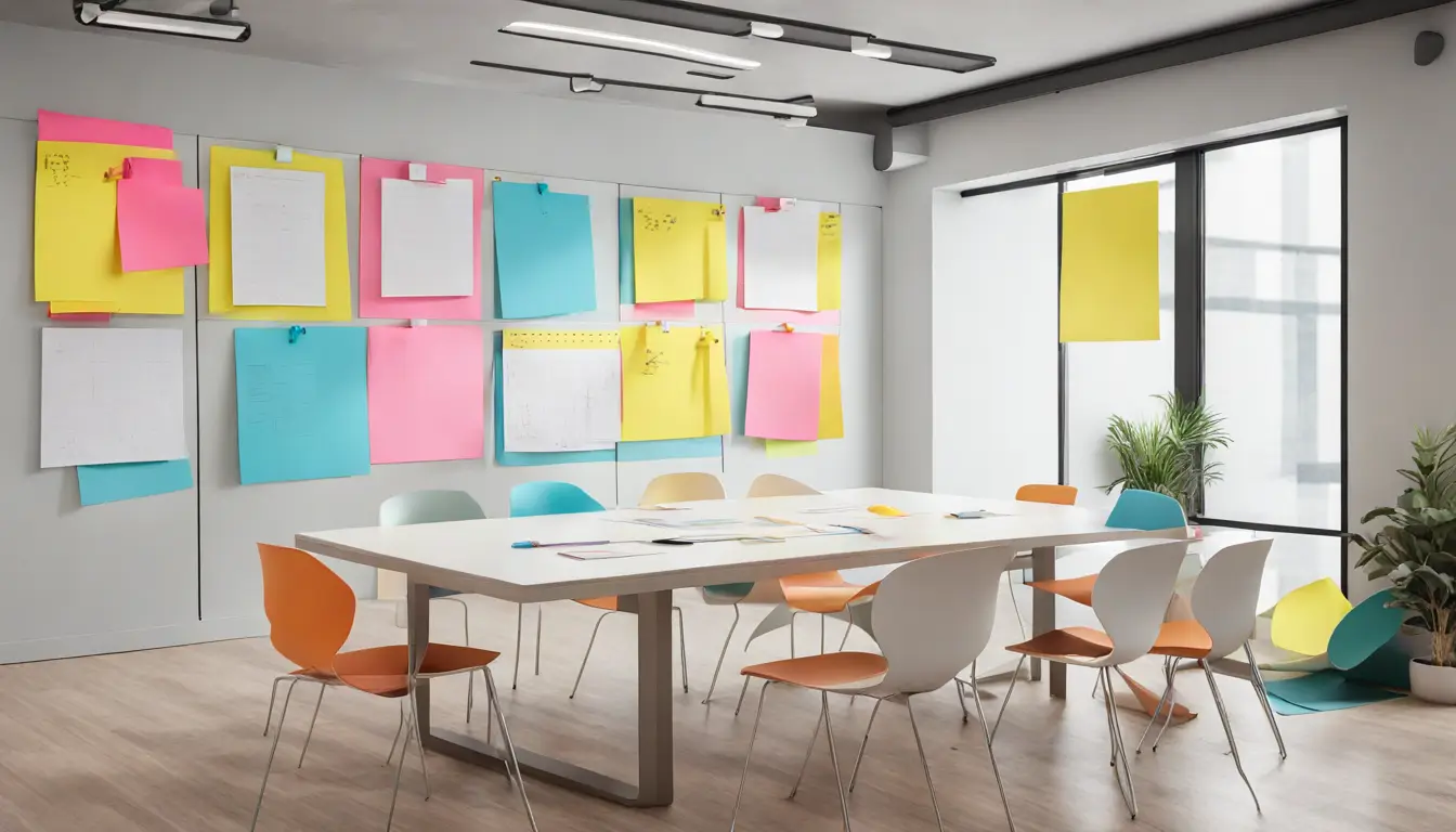 Cinco pessoas em reunião de brainstorming com post-its e quadro branco cheio de anotações.
