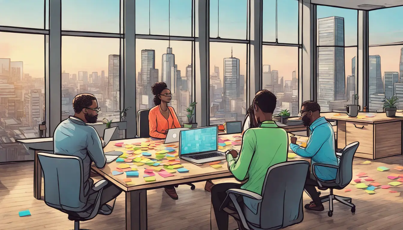 Pessoas reunidas em torno de uma mesa com notas adesivas coloridas e laptops em um escritório moderno.