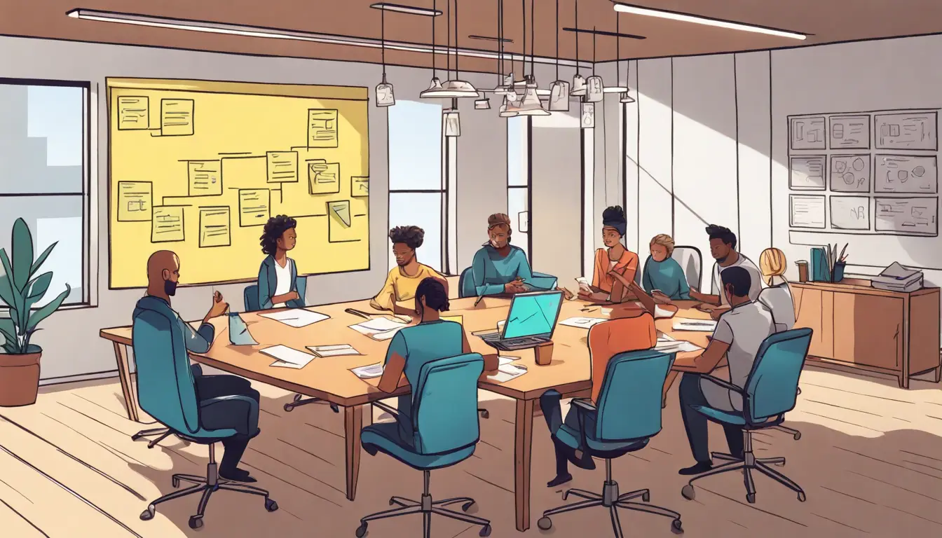 Pessoas diversas discutindo em torno de uma mesa com um fluxograma colorido e post-its na parede.