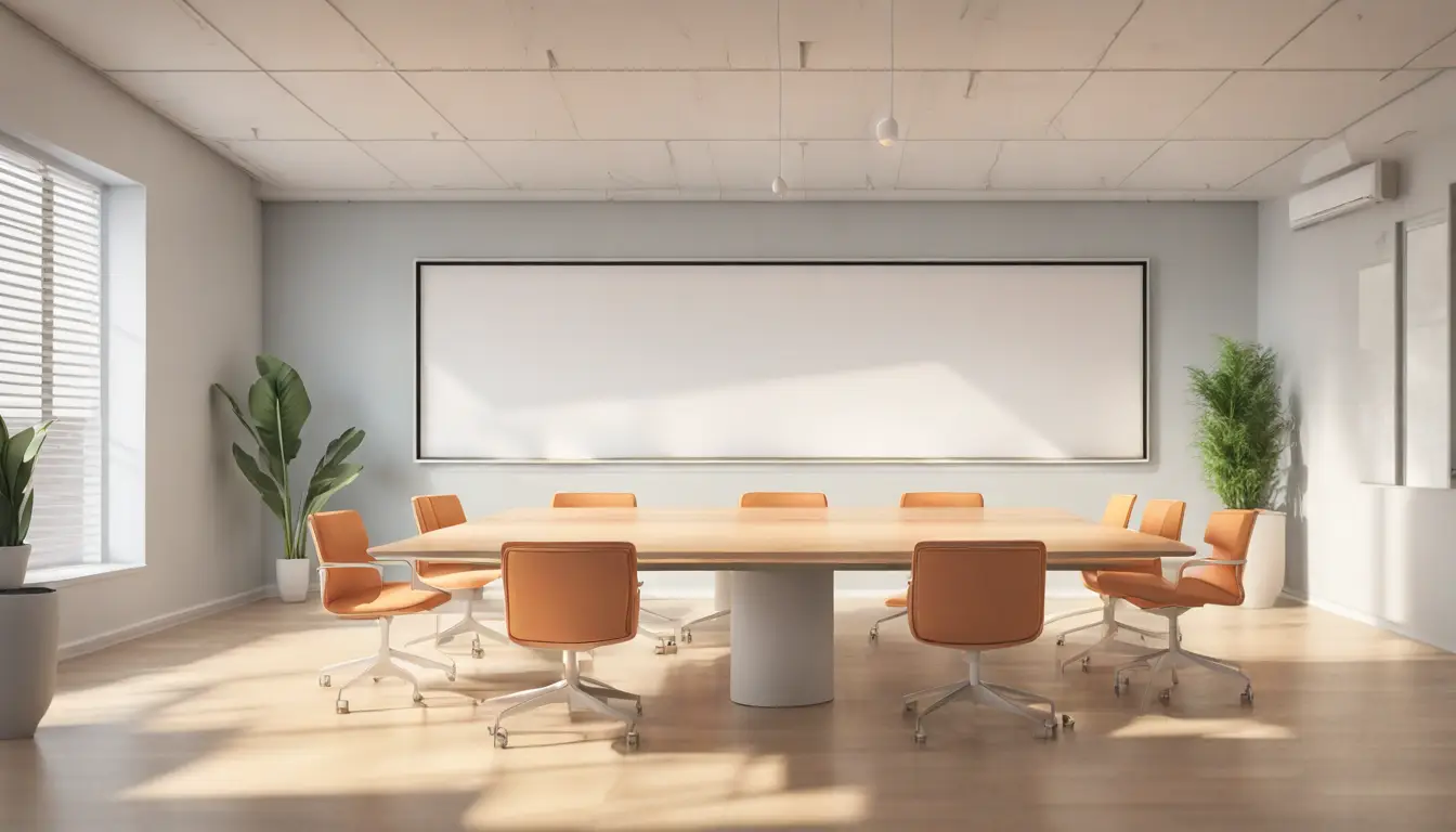 Sala de reunião com mesa de madeira, cadeiras pretas, quadro branco e post-its coloridos.