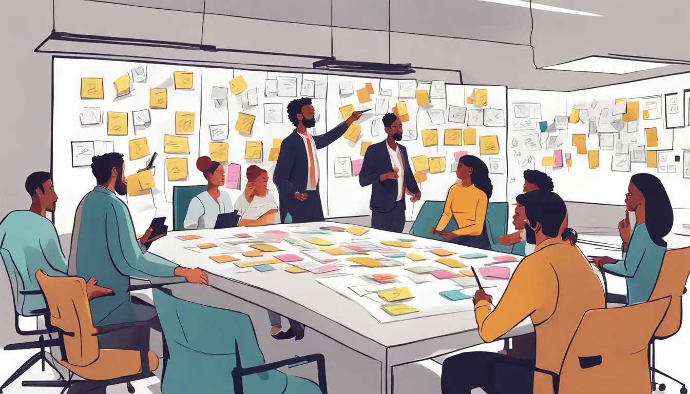 Profissionais diversos reunidos em torno de uma mesa discutindo notas adesivas em um quadro branco em um escritório moderno.
