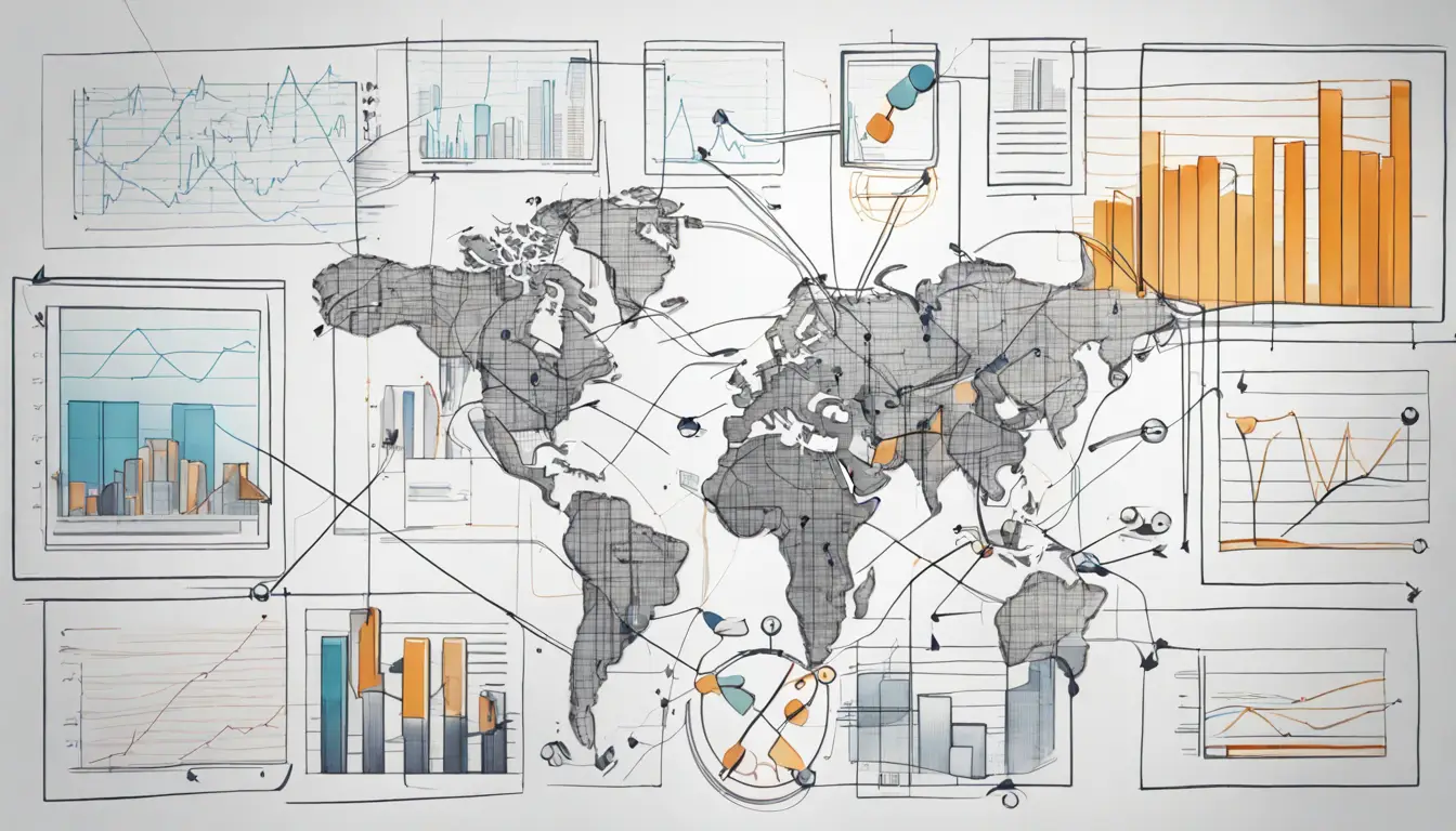 Diagrama detalhado de gráficos e fluxos de dados em telas digitais em um escritório moderno.
