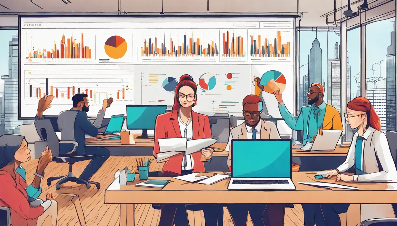 Profissionais reunidos em uma mesa analisando gráficos e tabelas coloridos em laptops e papéis.
