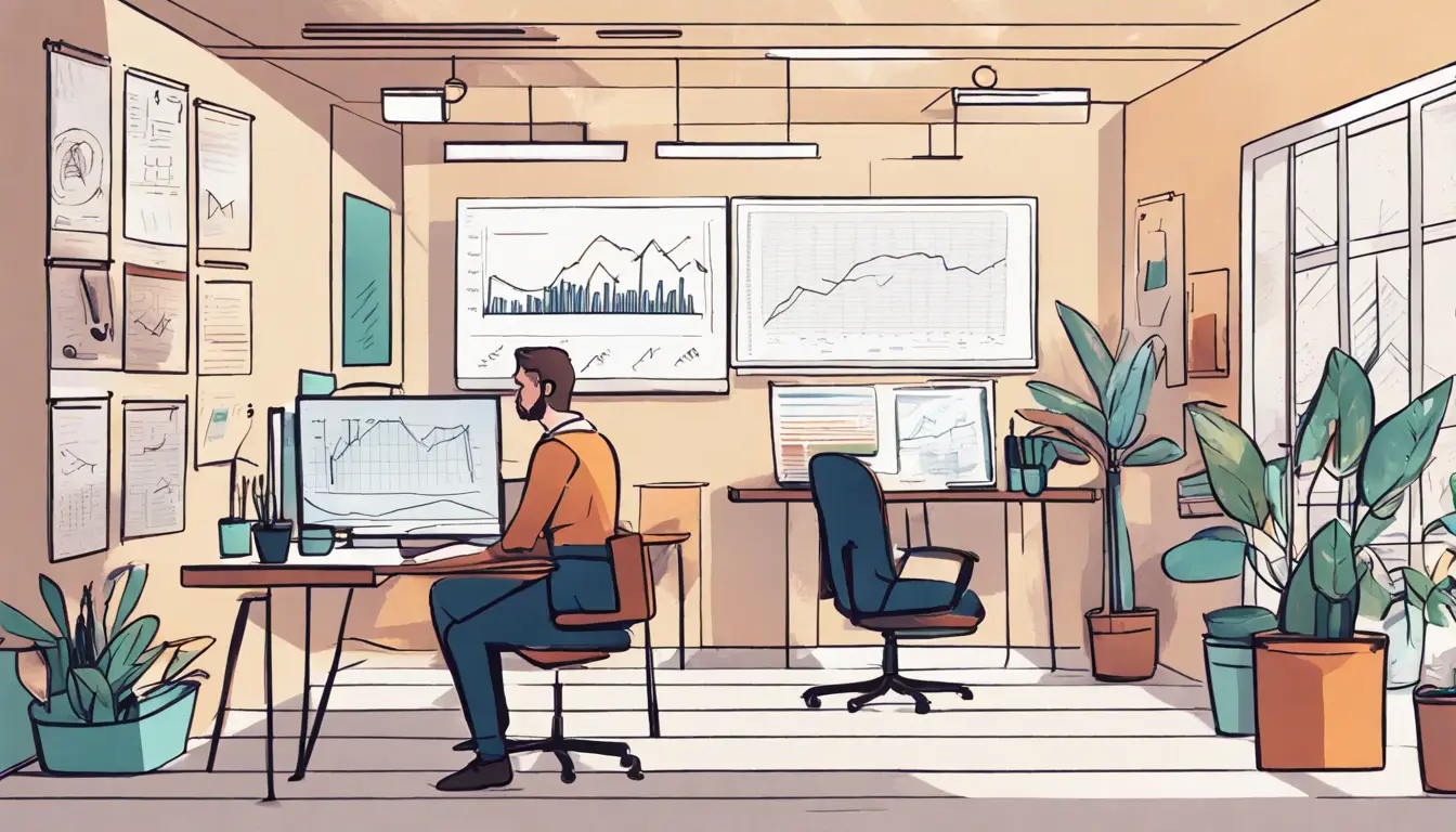 Ambiente de escritório com tela de computador exibindo gráficos coloridos e pessoa apontando para a tela.