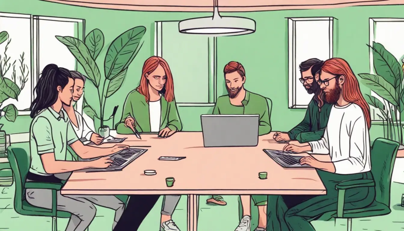 Equipe de cinco pessoas em uma reunião em torno de uma mesa redonda, com post-its em um quadro branco e laptops abertos.