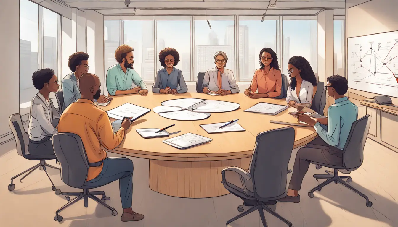 Grupo diverso de seis pessoas em volta de uma mesa redonda discutindo frente a um quadro branco em um escritório moderno.
