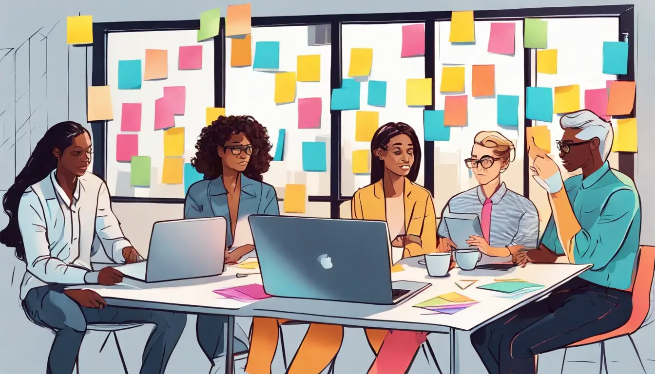 Equipe diversa de seis pessoas em torno de uma mesa de escritório moderna colaborando com laptops e anotações coloridas.