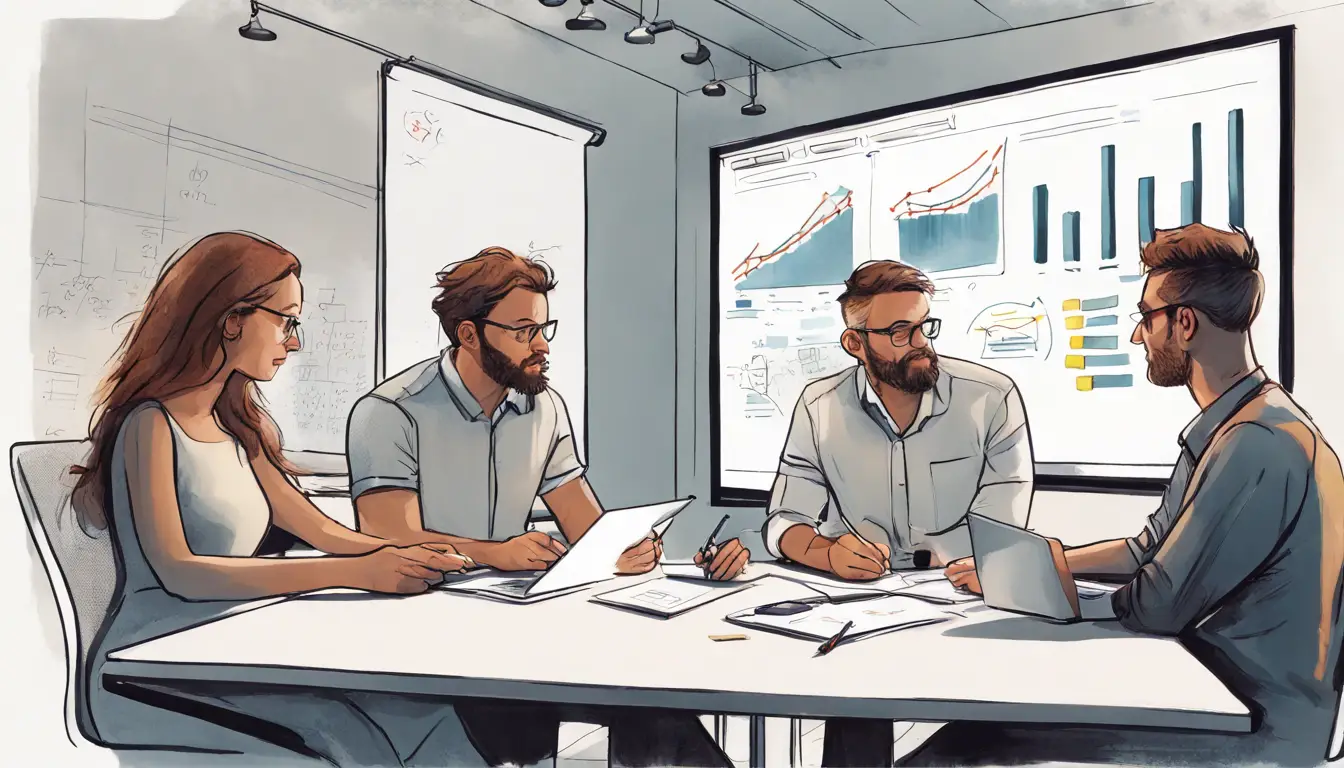 Pessoas em um escritório moderno discutindo ao redor de uma mesa, com um quadro mostrando gráficos e notas adesivas.