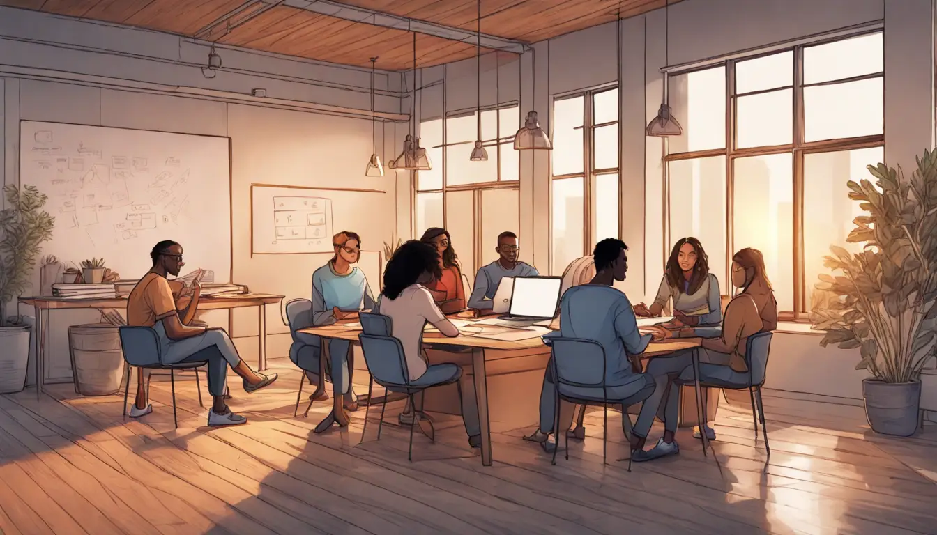 Mentores e mentorados diversos discutindo ideias em uma mesa de madeira em escritório moderno.
