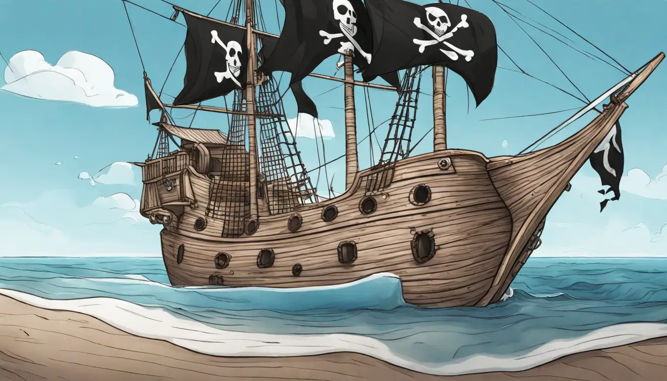 Navio pirata de madeira com bandeira preta e caveira branca cruzando ossos em um oceano calmo sob céu azul claro.