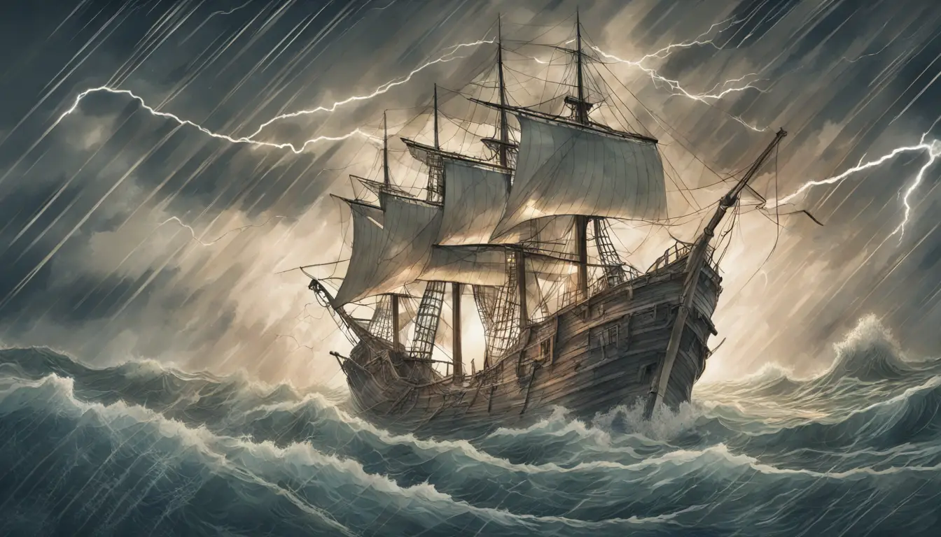 Navio pirata afundando em um mar tempestuoso com relâmpagos, ondas grandes e velas rasgadas.