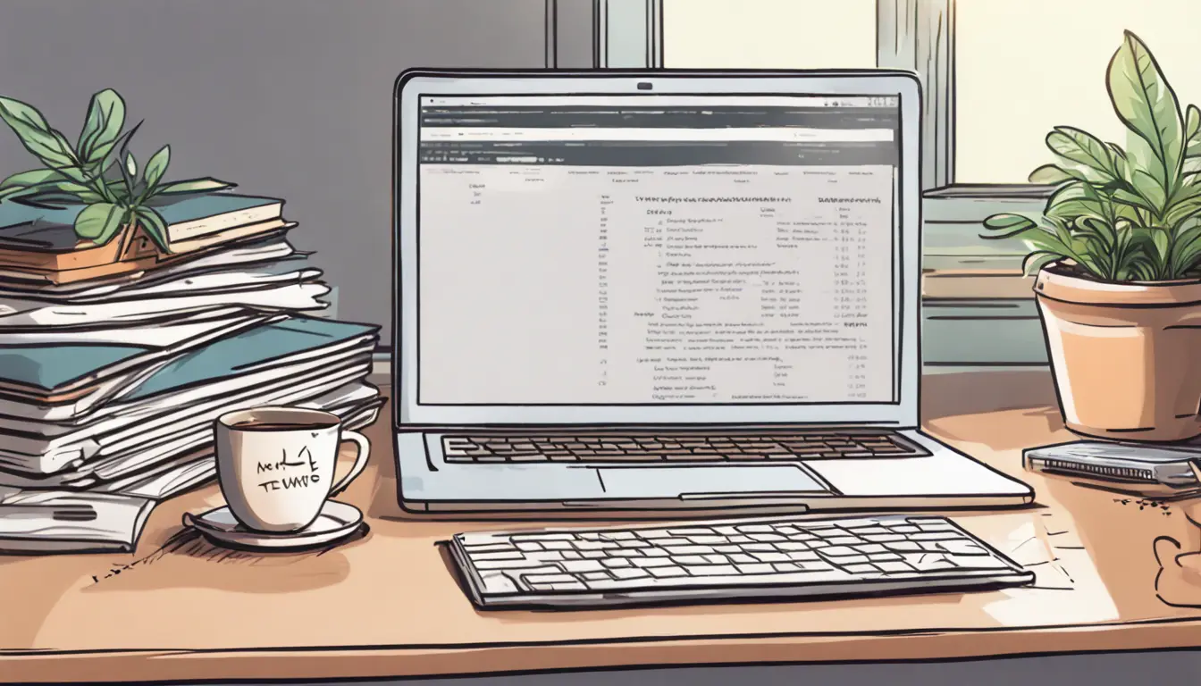 Computador com código de teste de software, livros de teste empilhados e planta ao fundo em uma mesa organizada.