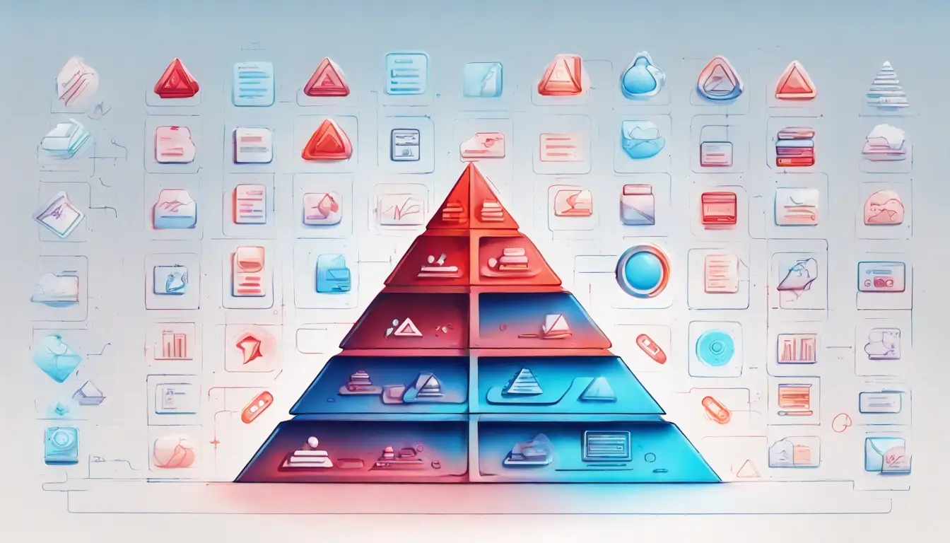 Pirâmide mostrando ícones de testes de software com base larga de testes unitários, integração no meio e UI no topo.