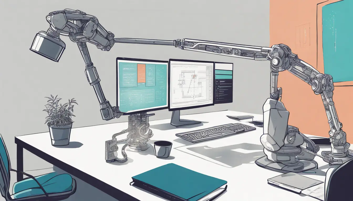 Balança equilibrada com braço robótico e mão humana alcançando tela de computador com código em um escritório moderno.