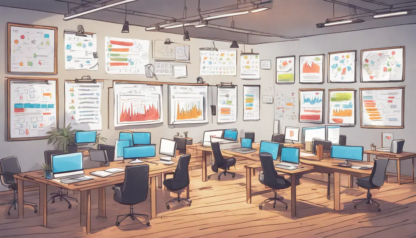 Ambiente de escritório moderno com quadro branco mostrando fluxogramas de testes de software e mesas com laptops e tablets.