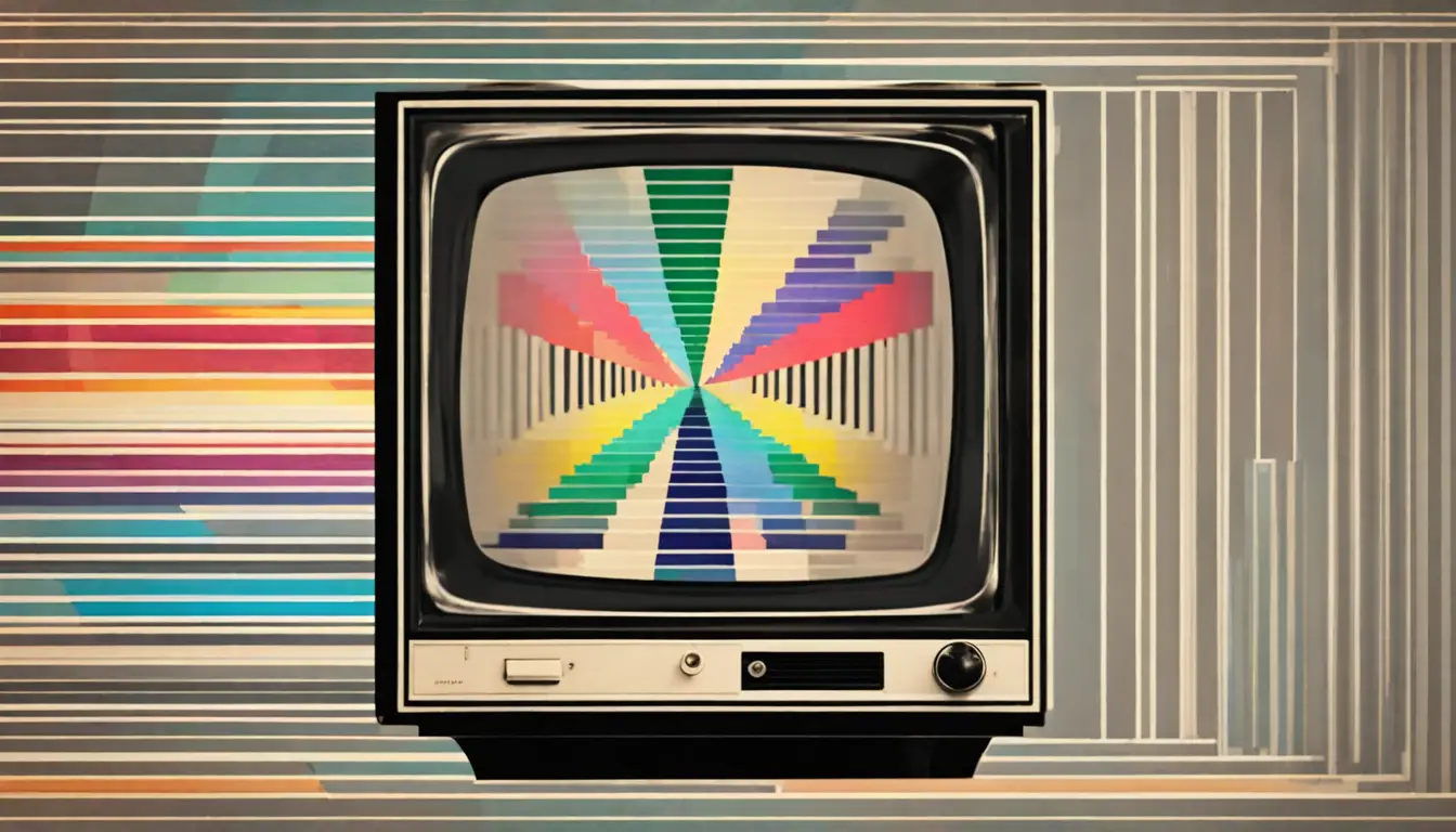 Cartela de teste de televisão vintage com formas geométricas e barras de cores em uma tela CRT antiga.