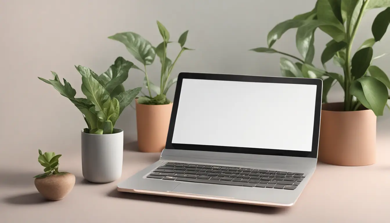 Mesa de escritório com cartão de teste preenchido à mão, laptop, lápis e planta em vaso sob luz natural.