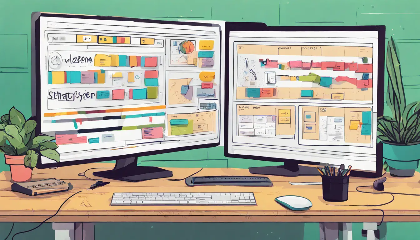Tela de computador exibindo integração digital entre Test Card e Strategyzer com ícones de ferramentas ao redor.