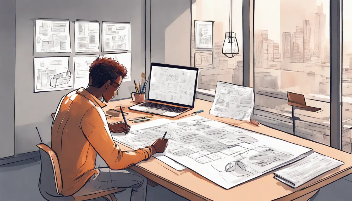 Pessoa desenhando storyboard de produto em papel grande com notas adesivas e laptop, em escritório moderno iluminado.