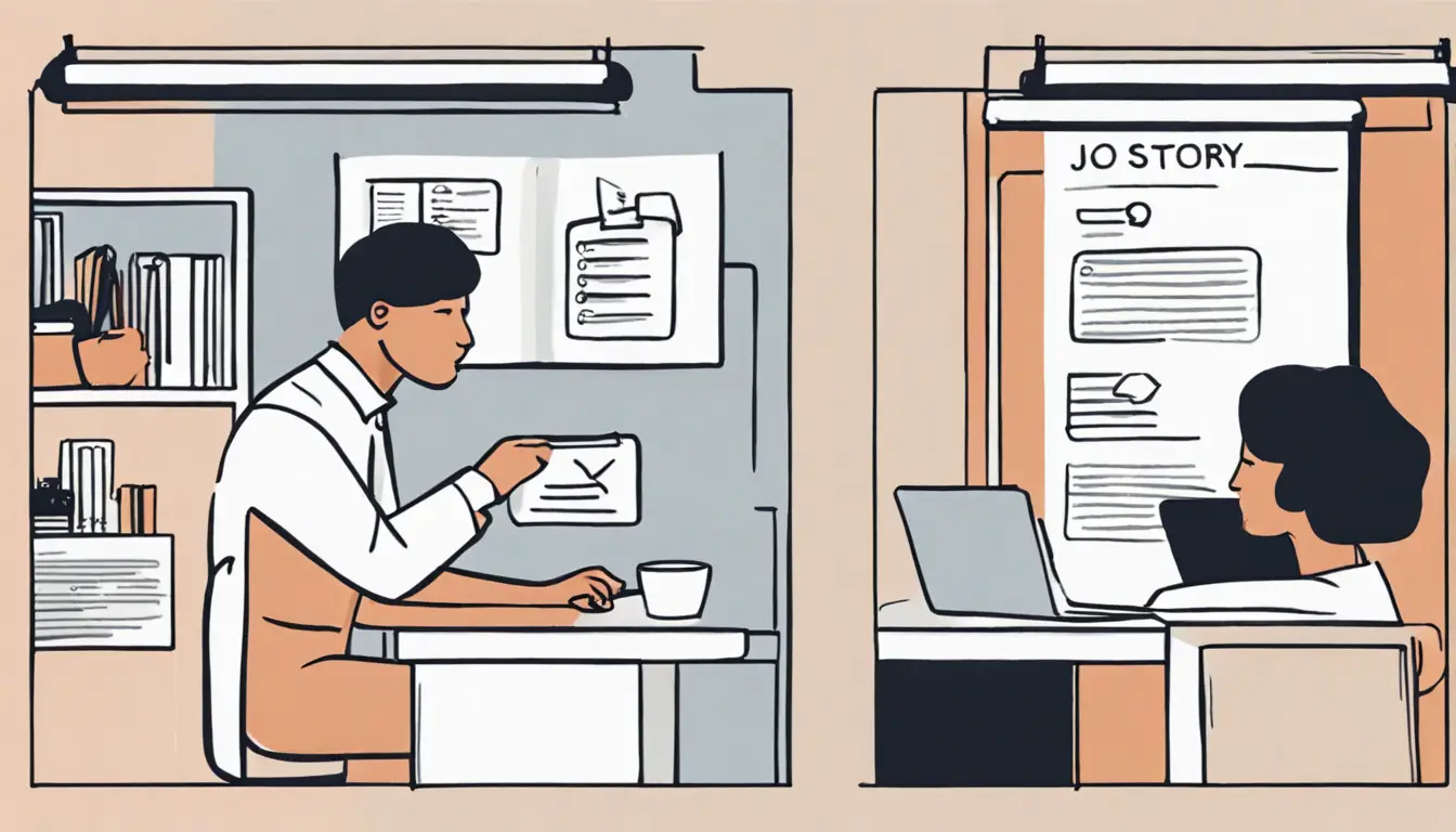 Comparação visual entre uma 'Job Story' em um computador e uma 'User Story' em um tablet em um escritório.