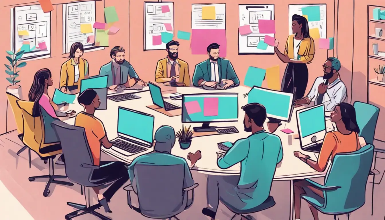 Grupo de profissionais diversos em escritório moderno discutindo ideias em torno de mesa com notas adesivas coloridas e laptops.