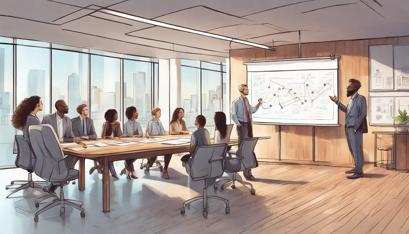 Grupo diverso em torno de mesa de conferência, mentor aponta para quadro branco com diagramas de histórias de trabalho.