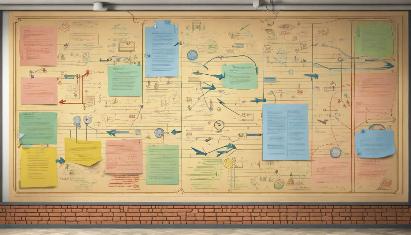 Mural histórico em uma parede de tijolos ilustrando a evolução do método MoSCoW com diagramas e notas adesivas coloridas.